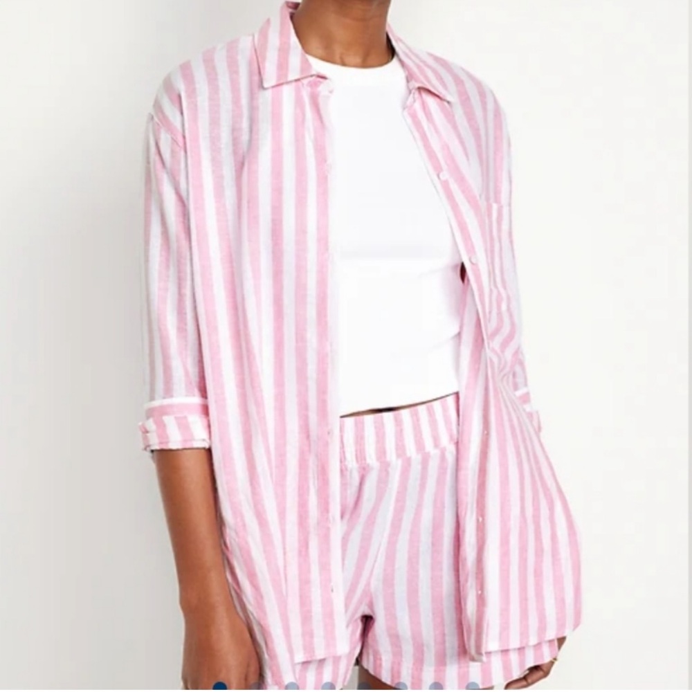 Old Navy Linen Set Pink and White Striped Shorts and Shirt Set